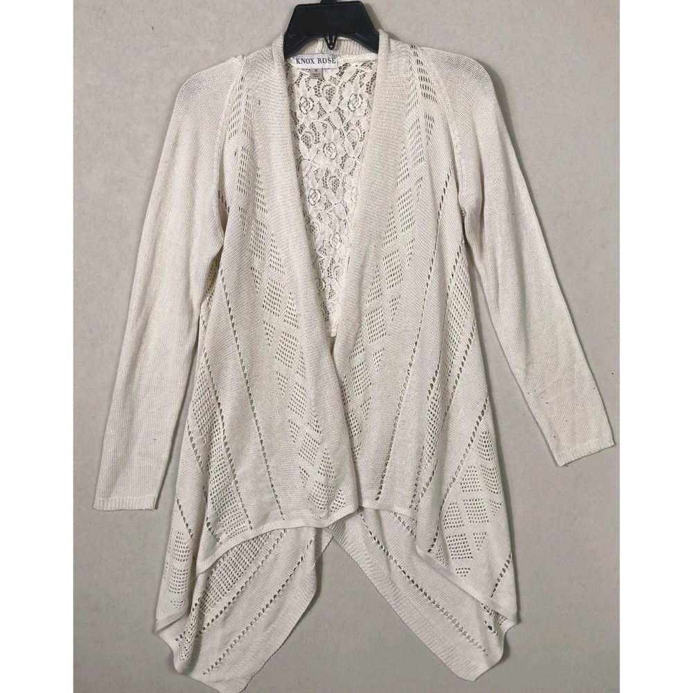 Knox Rose Cream Open‎ Front Lace Back Draped Cardigan Boho Waterfall Sweater M
